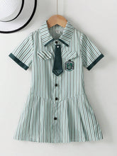 1pc Toddler's Casual Short Sleeve Collared Green Striped A-Line Dress With Button Front And Cinched Waist, Summer